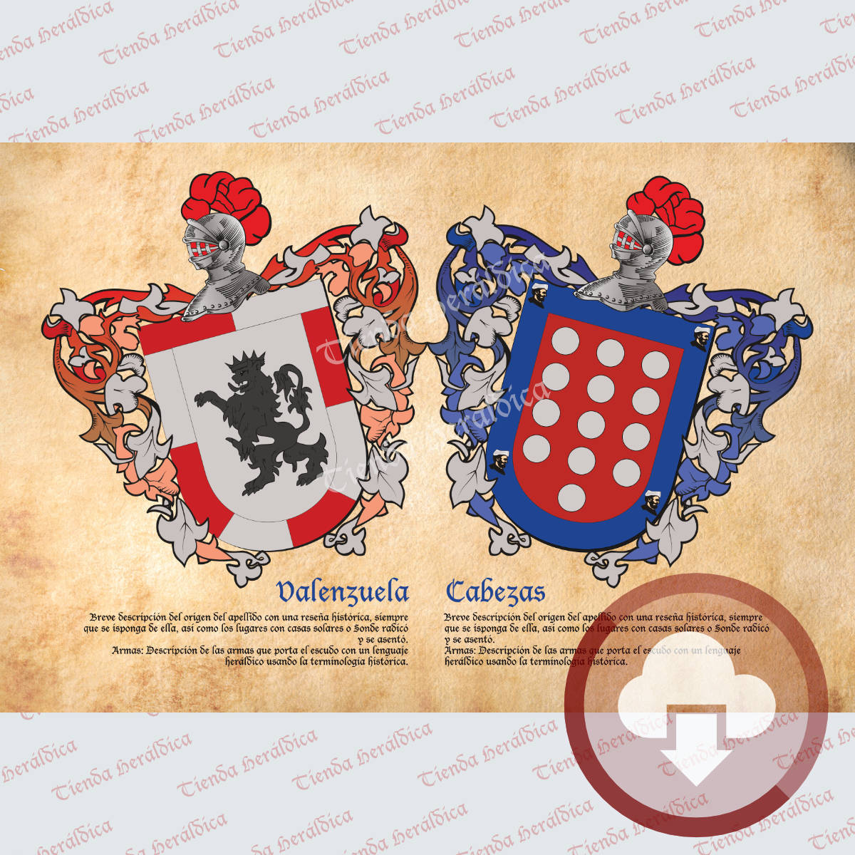 Escudo heráldico doble con dos apellidos