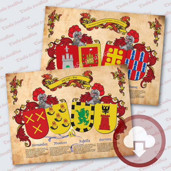 Escudo heráldico familiar con cuatro apellidos